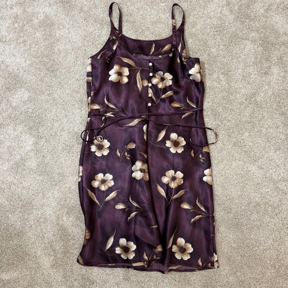 Vintage Purple Floral Satin Slip Dress Mini Faux Pearl Buttons Back Tie - Picture 9 of 12